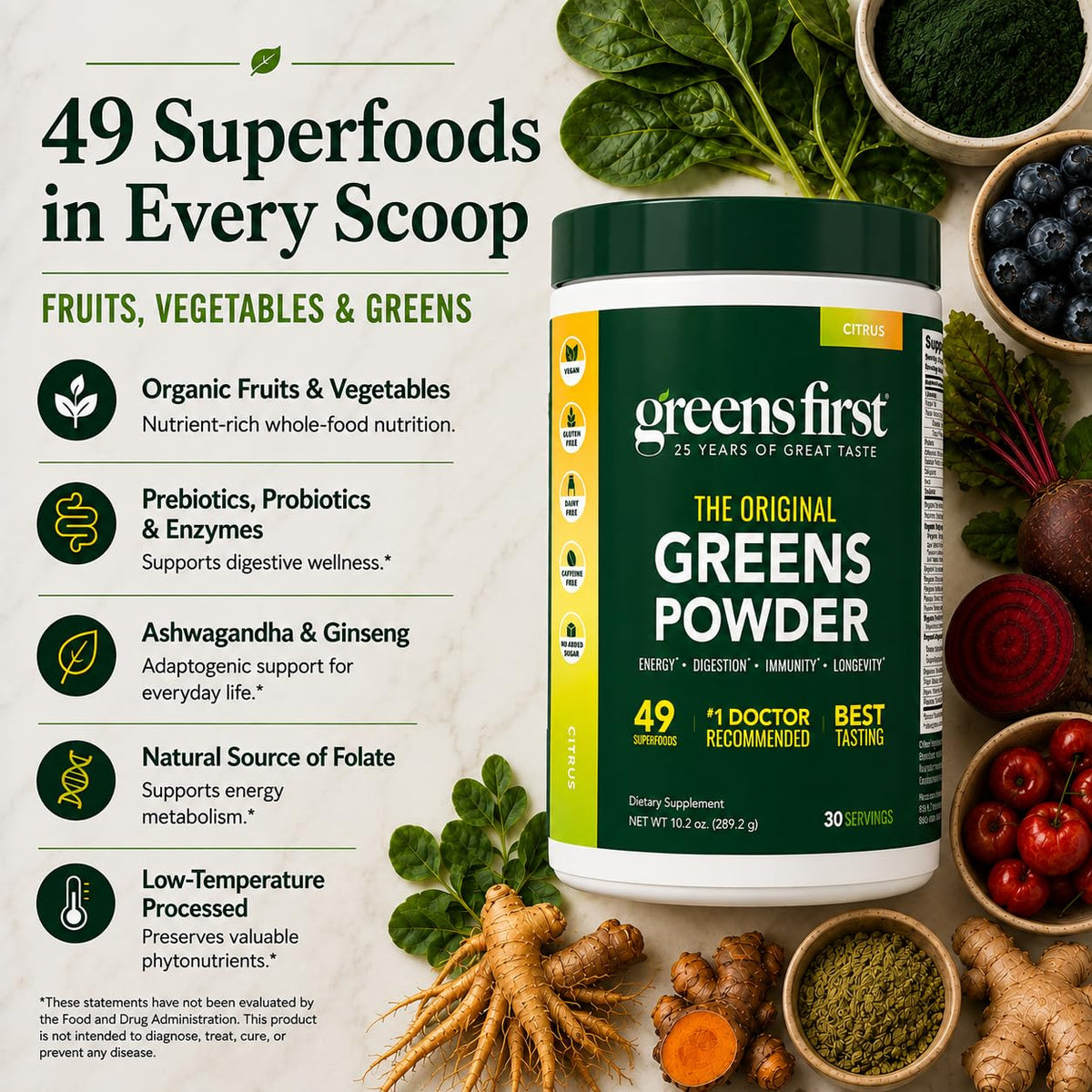 Greens First Poudre de Verts Originale 372g - étiquette avec ingrédients