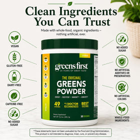 Greens First Poudre de Verts Originale 372g - présentation avec fruits