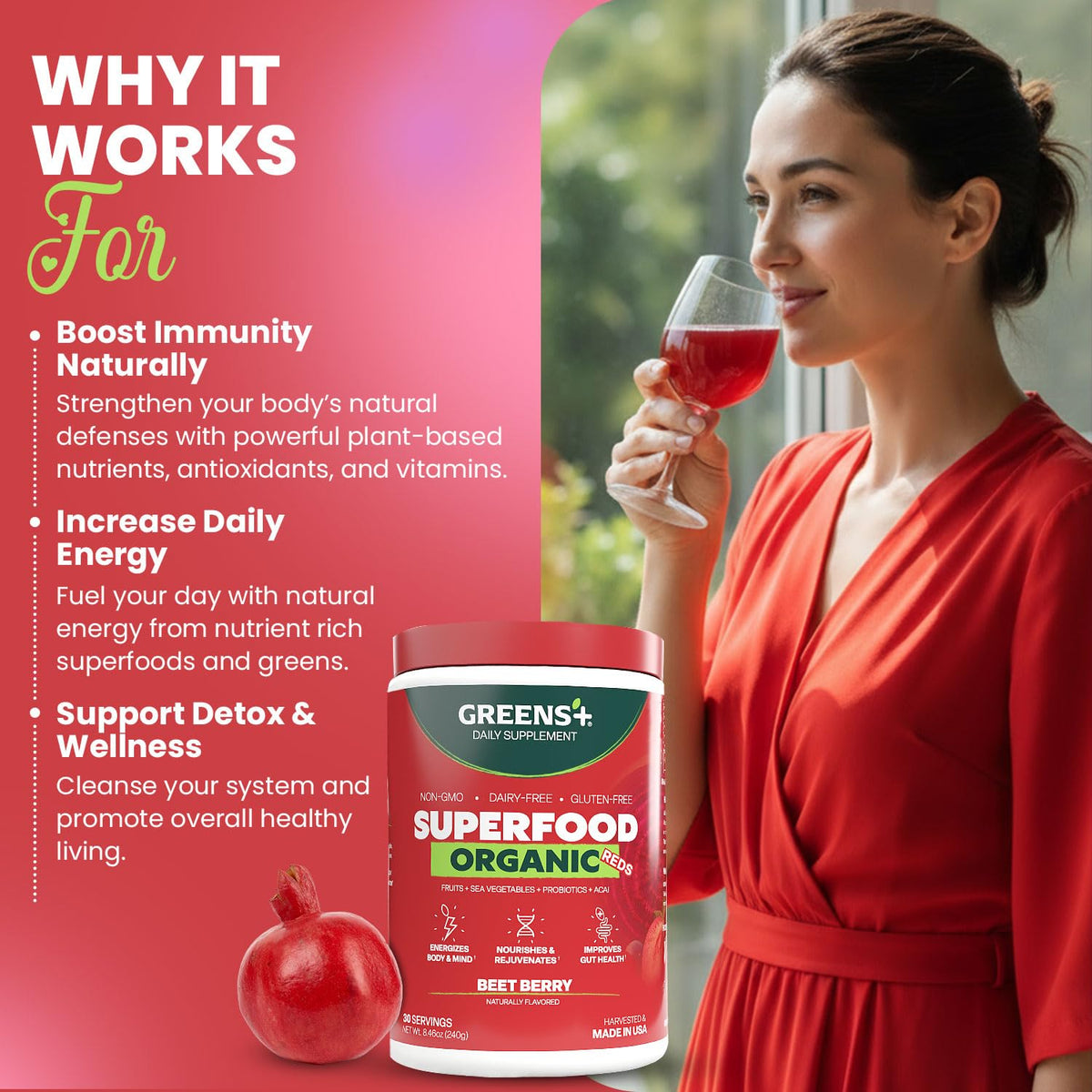 Greens+ Poudre de Superaliment Rouge Bio 349g en verre