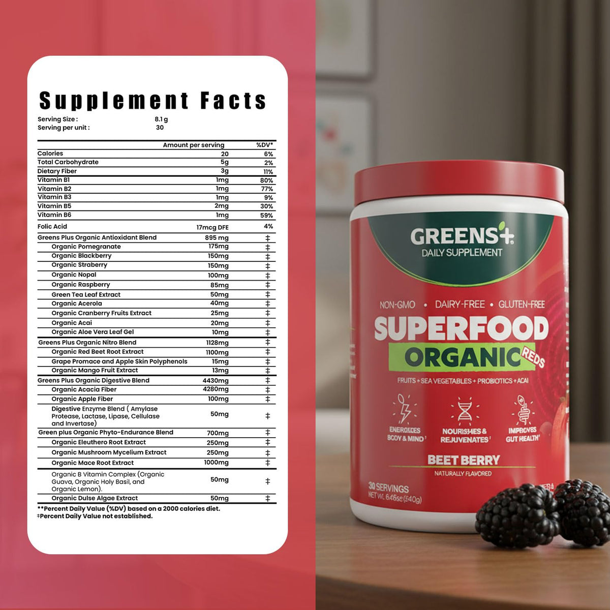 Greens+ Poudre de Superaliment Rouge Bio 349g ingrédients