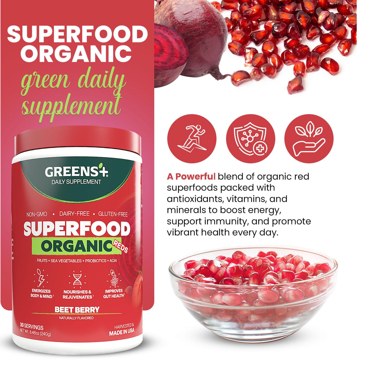 Greens+ Poudre de Superaliment Rouge Bio 349g packaging