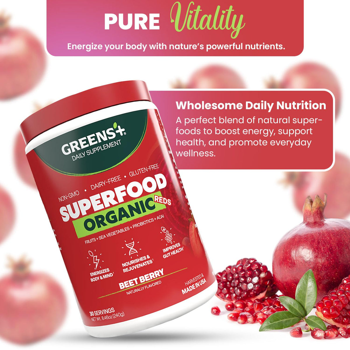 Greens+ Poudre de Superaliment Rouge Bio 349g sur une table
