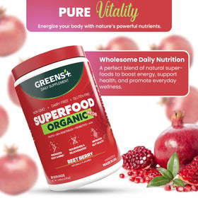 Greens+ Poudre de Superaliment Rouge Bio 349g sur une table