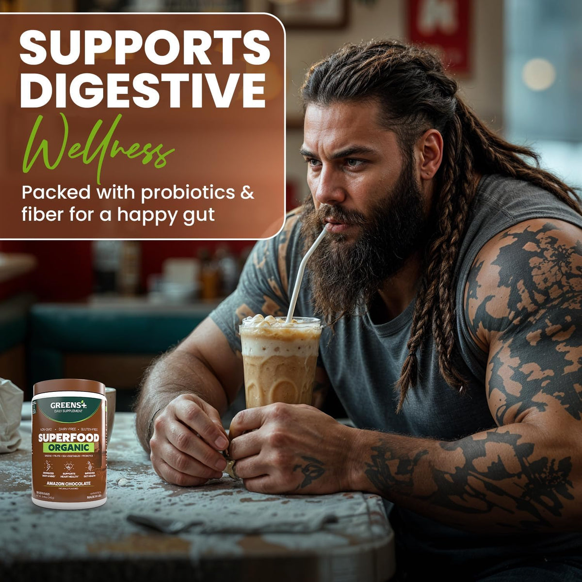 Greens+ Poudre Énergétique Bio Chocolat 322g dans un smoothie