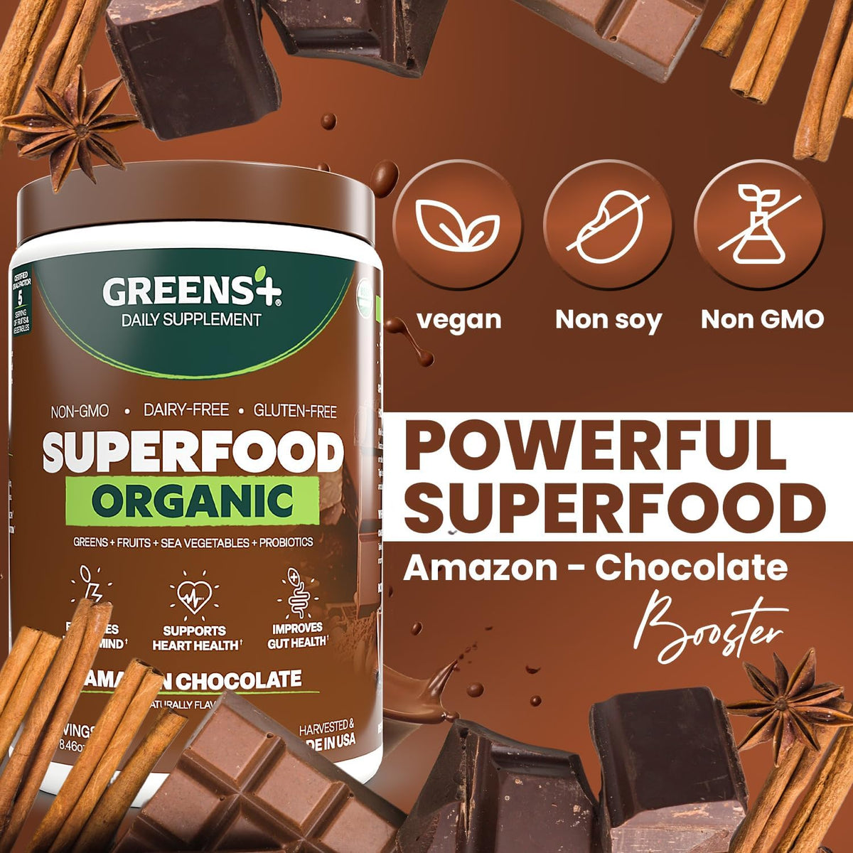 Greens+ Poudre Énergétique Bio Chocolat 322g emballage