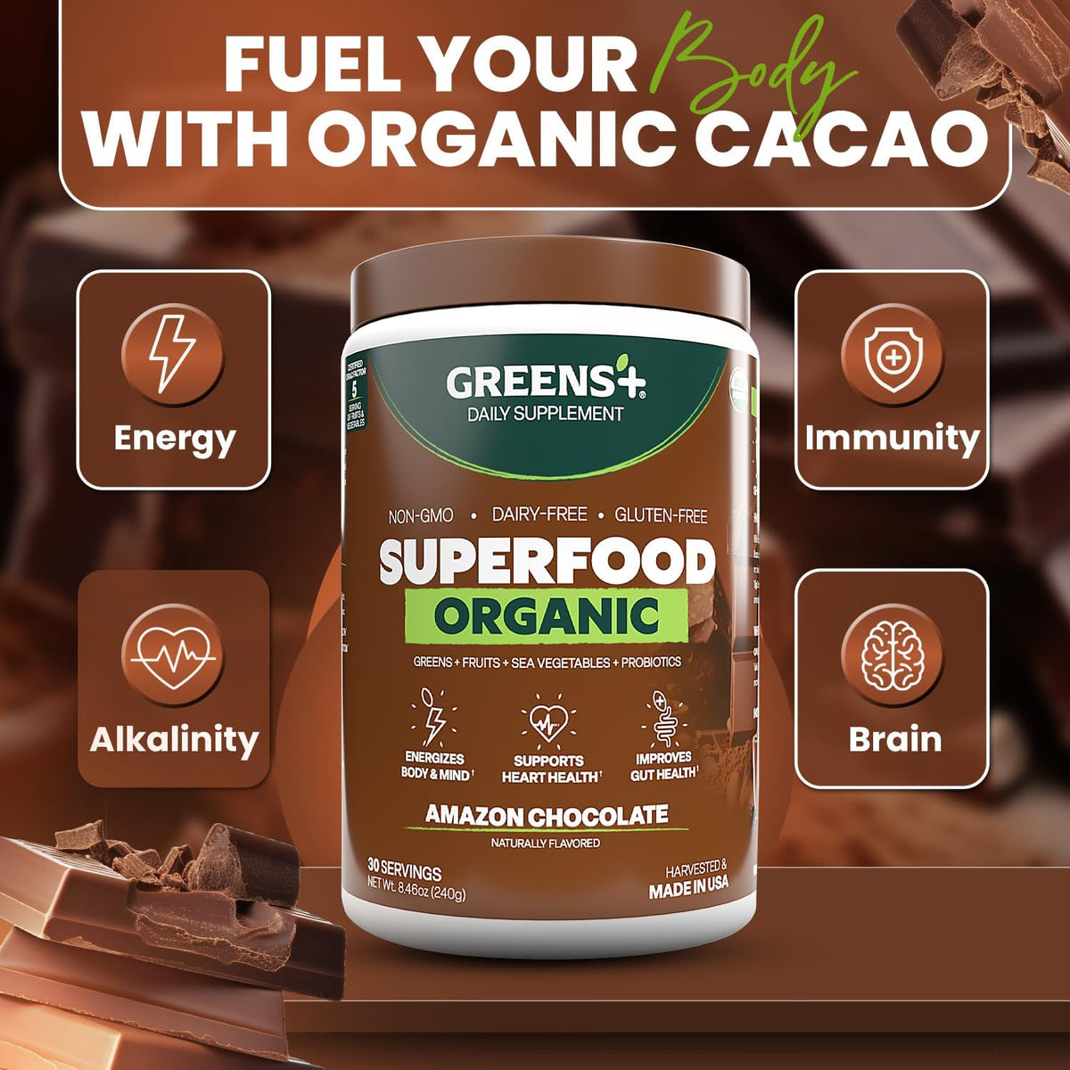 Greens+ Poudre Énergétique Bio Chocolat 322g ingrédients sur l'emballage