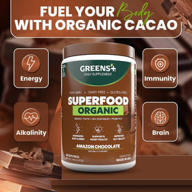 Greens+ Poudre Énergétique Bio Chocolat 322g ingrédients sur l'emballage