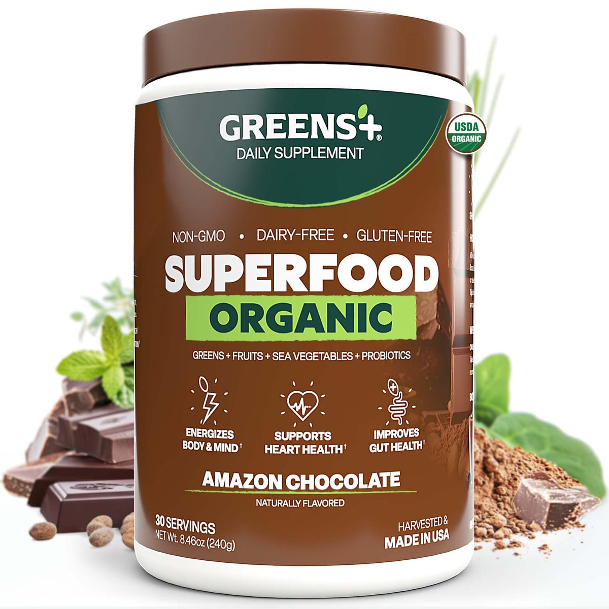 Greens+ Poudre Énergétique Bio Chocolat 322g vue de face