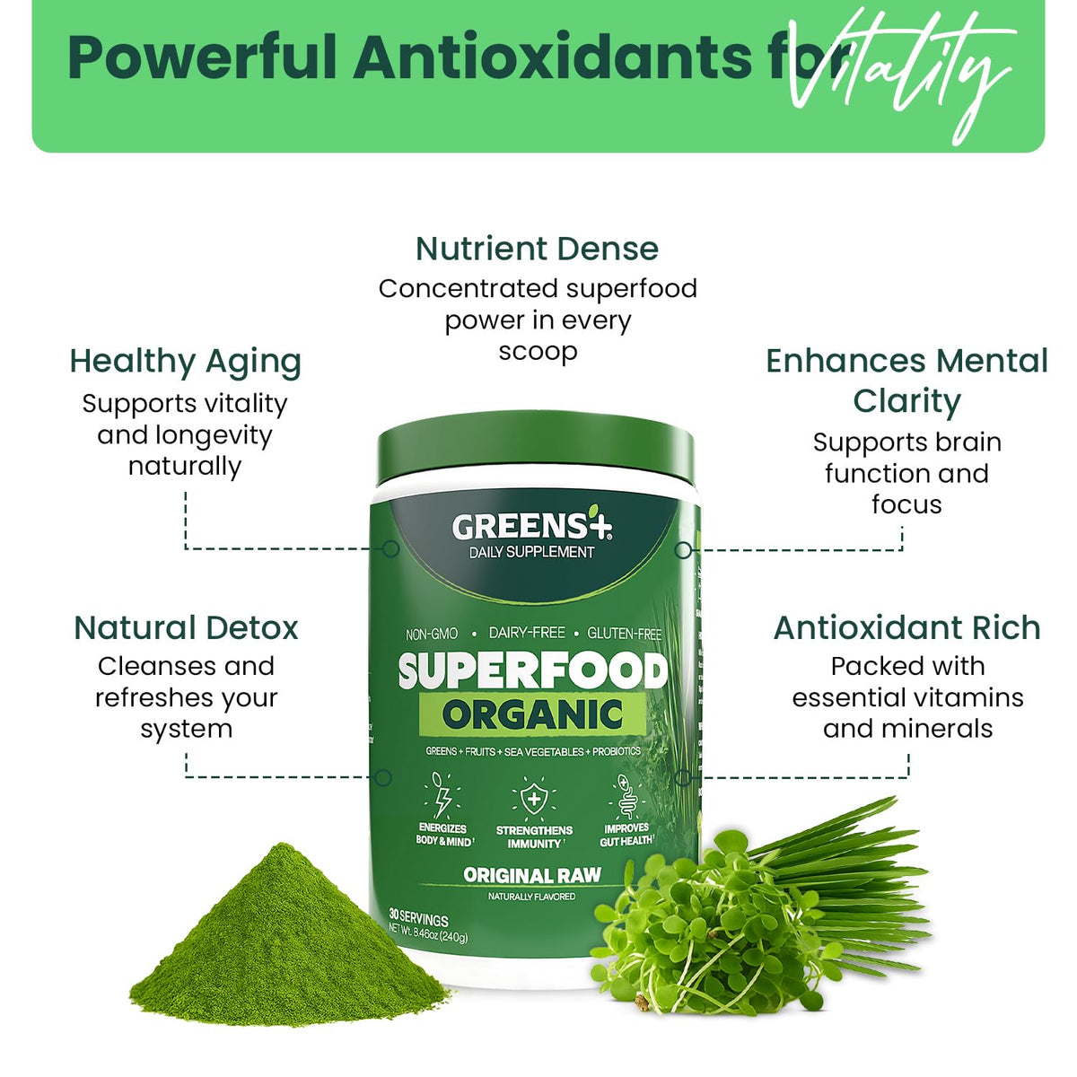 Greens+ Poudre Superaliment Bio 322g - échantillon dans un verre