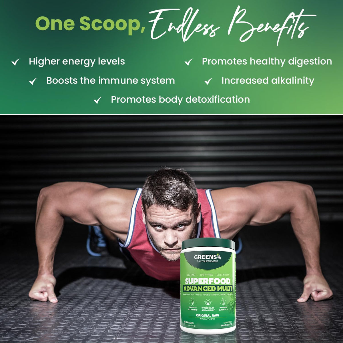 Greens+ Superfood en Poudre 9,4 oz en cuillère avec poudre