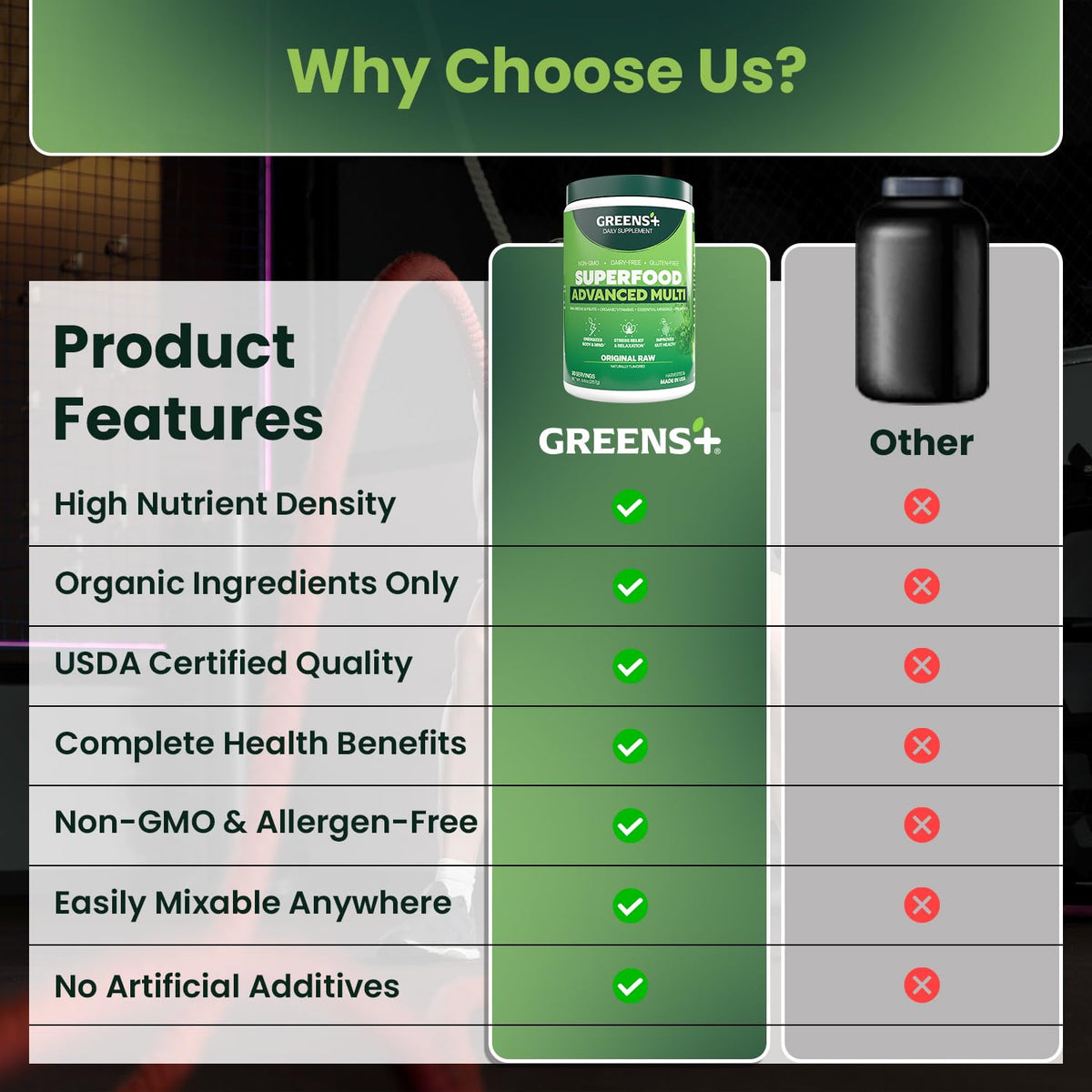 Greens+ Superfood en Poudre 9,4 oz sur une table de cuisine