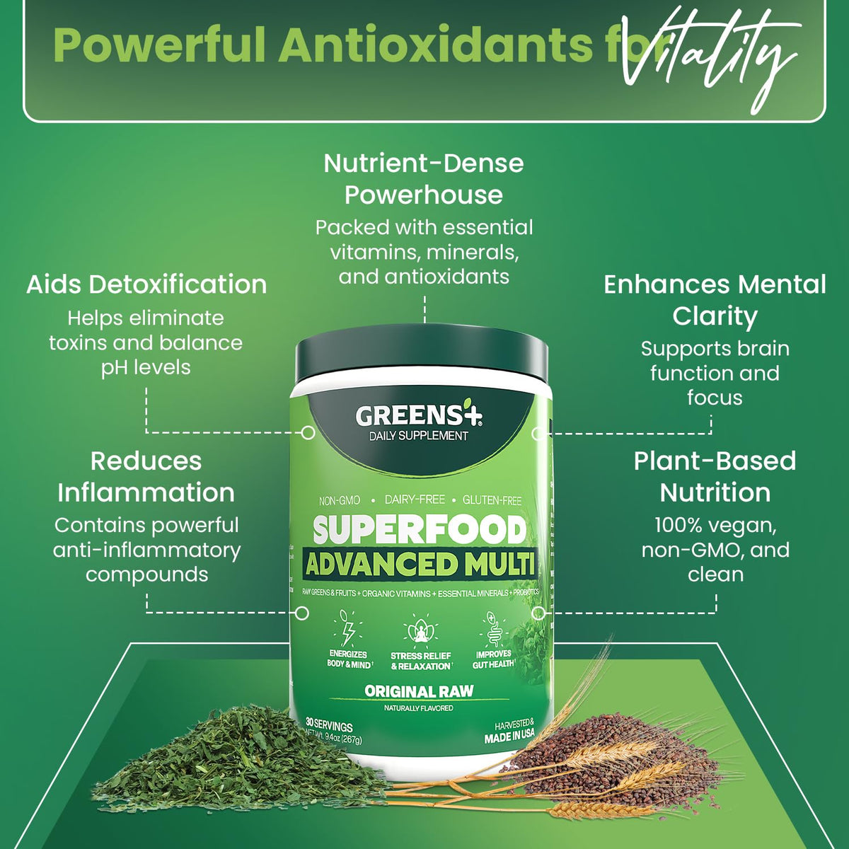 Greens+ Superfood en Poudre 9,4 oz vue arrière avec ingrédients