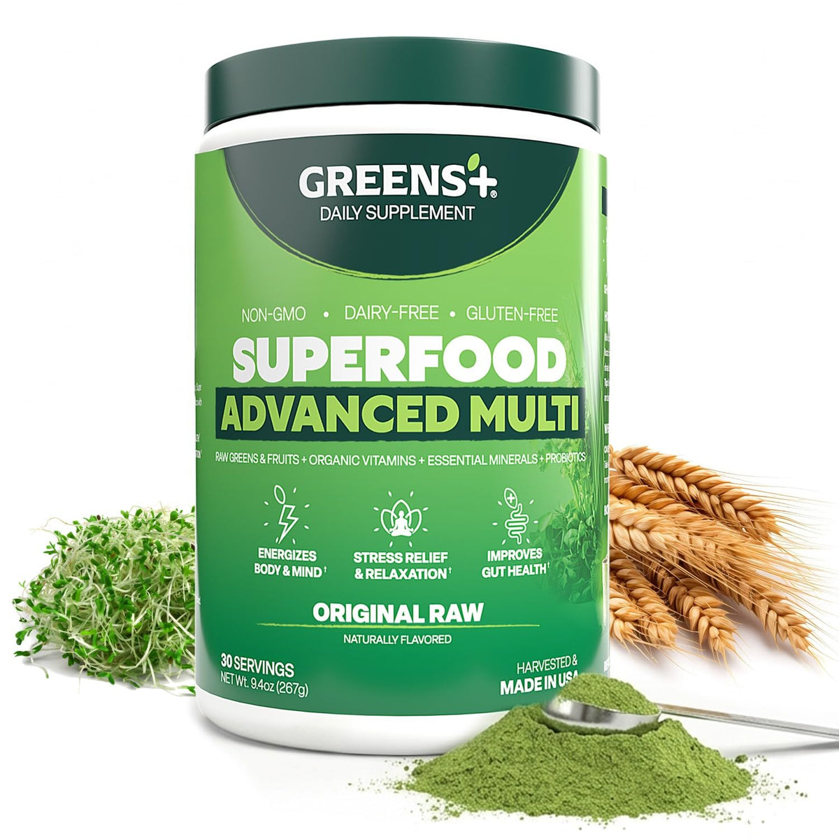 Greens+ Superfood en Poudre 9,4 oz vue avant avec emballage
