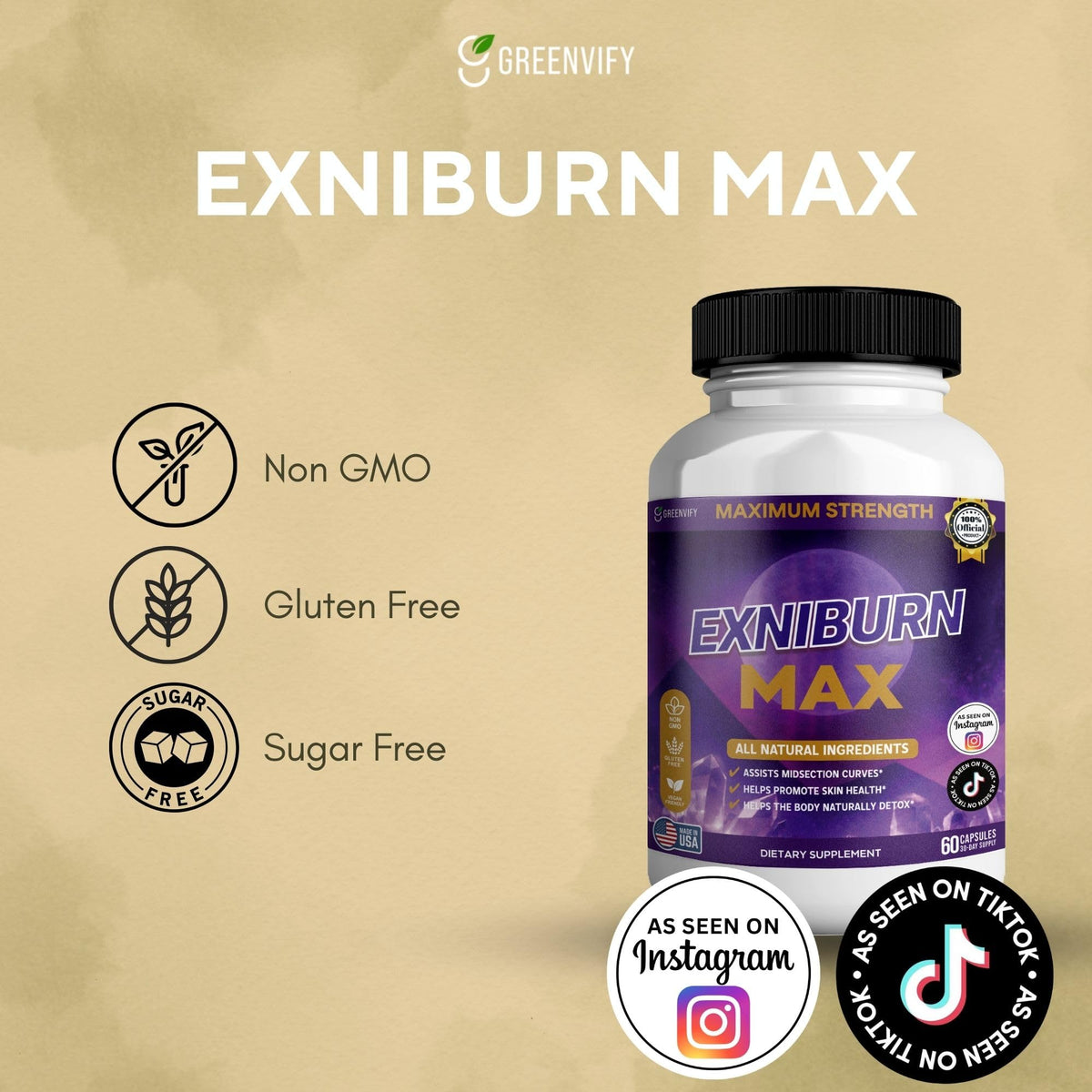 GREENVIFY Exniburn Complément Alimentaire 60 Capsules, arrière de l'emballage