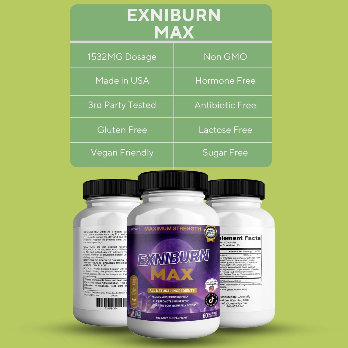 GREENVIFY Exniburn Complément Alimentaire 60 Capsules, côté de la boîte