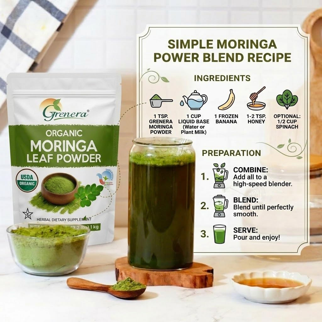 Grenera Poudre de Moringa Bio 1 kg en utilisation dans un smoothie