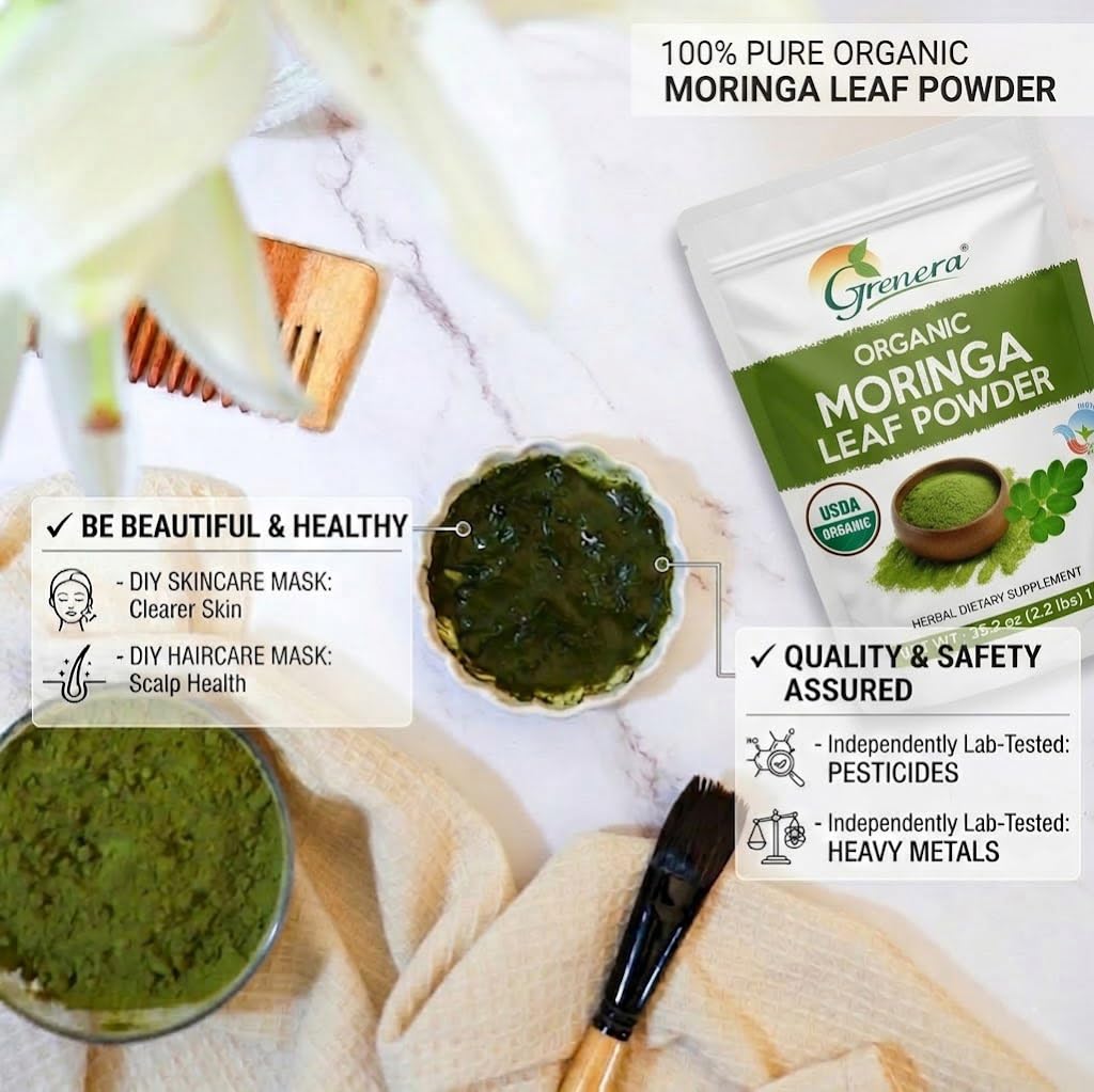 Grenera Poudre de Moringa Bio 1 kg présentée avec des ingrédients naturels