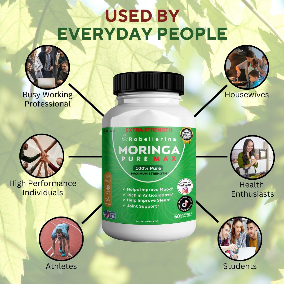 GRENVIFY Robellerina Moringa Pure Max sur une table avec un verre d'eau