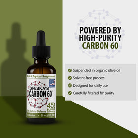 Greska's Carbon-60 30ml huile d'olive bio sur une table