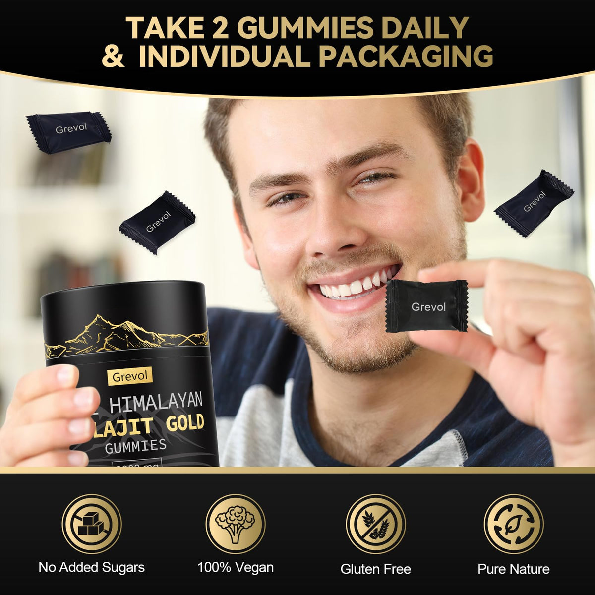 Grevol gummies Shilajit Himalayen Gold en présentation sur une table