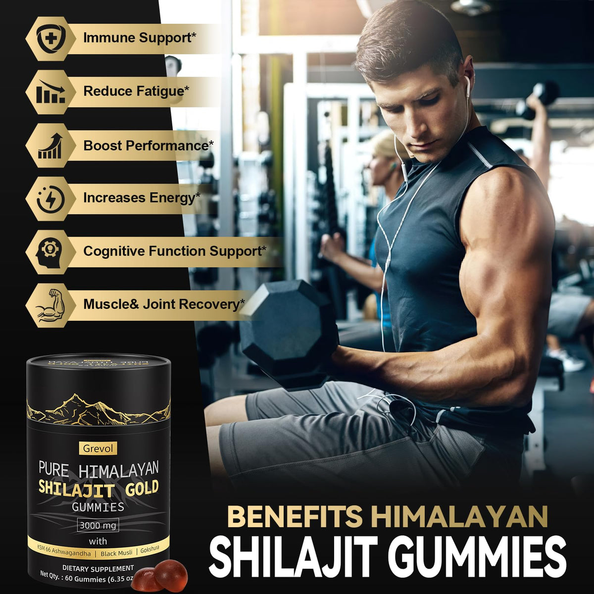 Grevol gummies Shilajit Himalayen Gold, présentation des 60 gummies