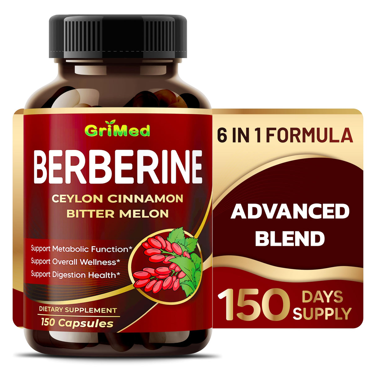 GriMed Berberine flacon de 150 capsules vue de face