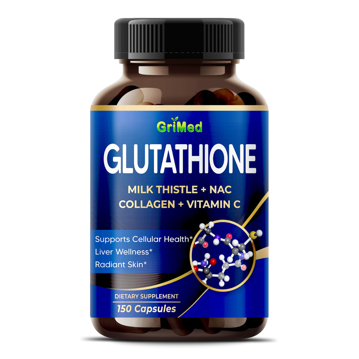 GriMed Glutathione 150 capsules vue avant avec étiquette détaillée