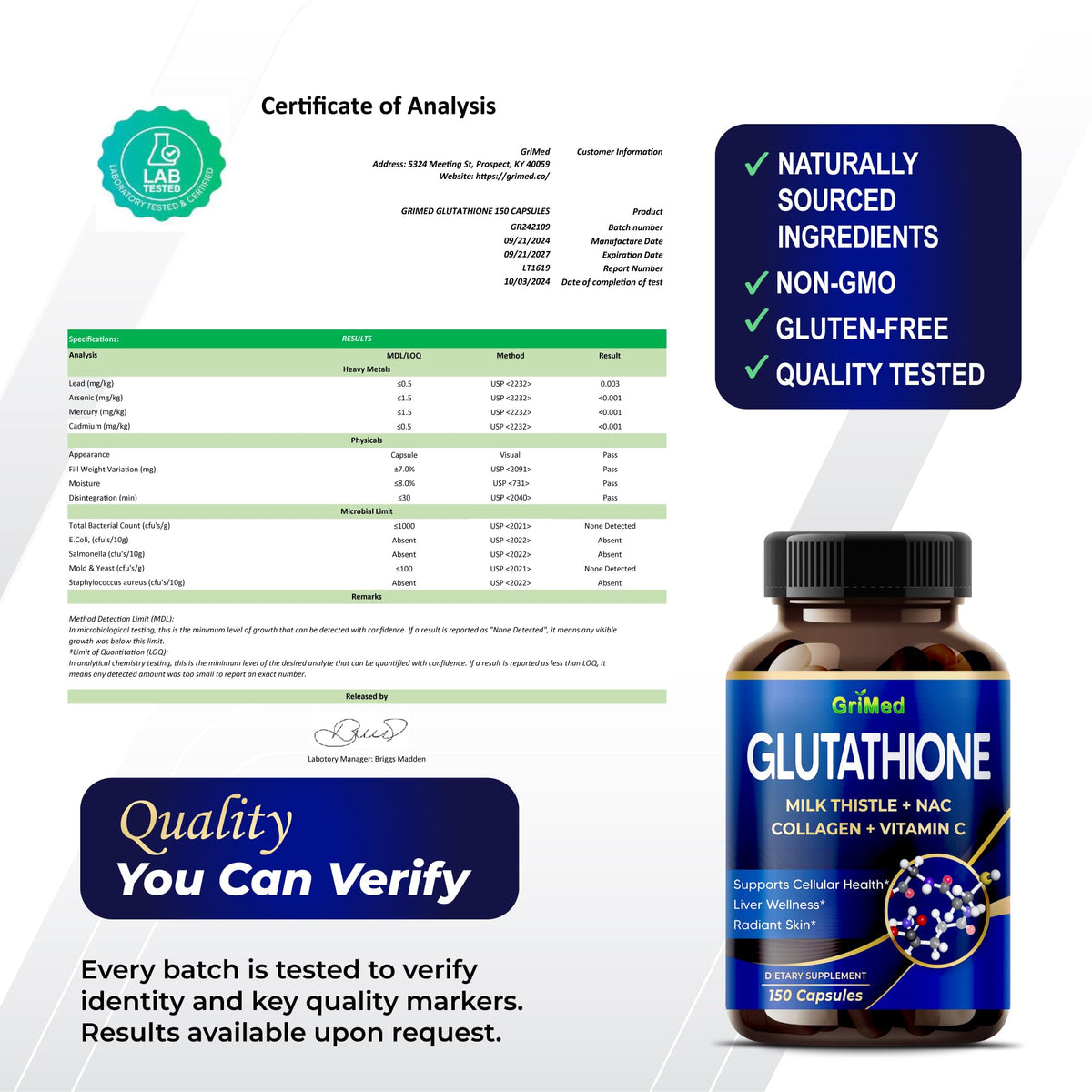 GriMed Glutathione détail de l'étiquette avec informations nutritionnelles