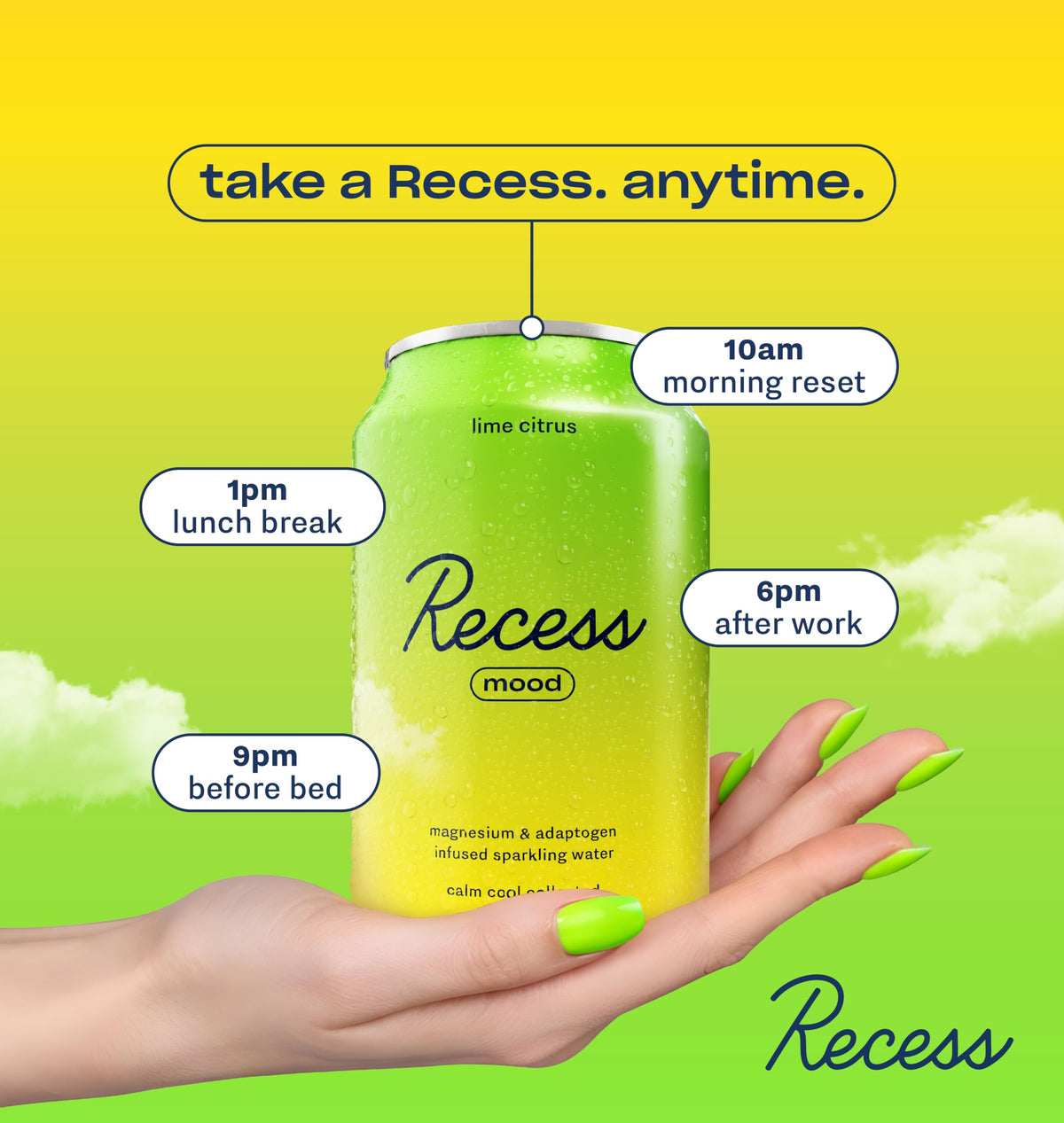 Gros plan sur l'étiquette de la canette Recess Mood Lime Citrus
