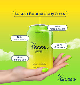 Gros plan sur l'étiquette de la canette Recess Mood Lime Citrus