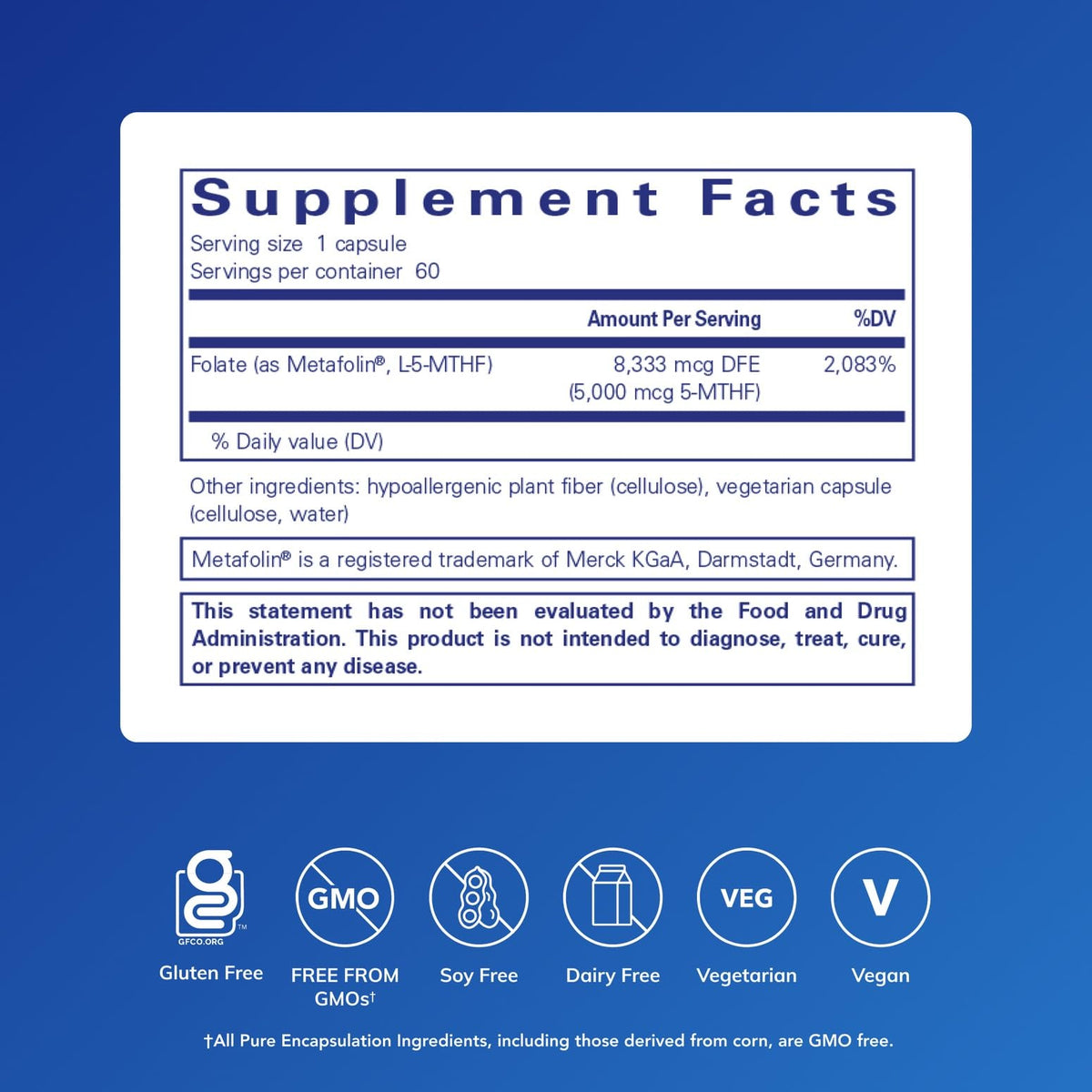 Gros plan sur l'étiquette de Pure Encapsulations Folate 5 000