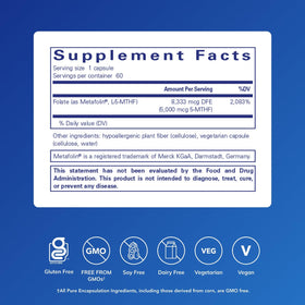 Gros plan sur l'étiquette de Pure Encapsulations Folate 5 000