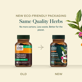 Gros plan sur l'étiquette des capsules Gaia Herbs Curcuma Suprême