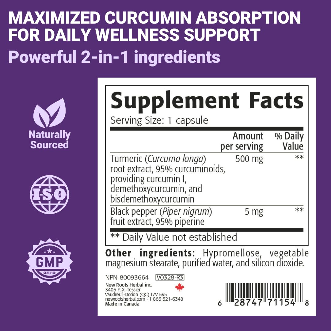 Gros plan sur l'étiquette du complément Curcuma Curcumine NEW ROOTS HERBAL