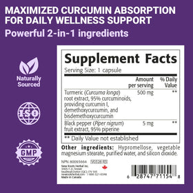 Gros plan sur l'étiquette du complément Curcuma Curcumine NEW ROOTS HERBAL