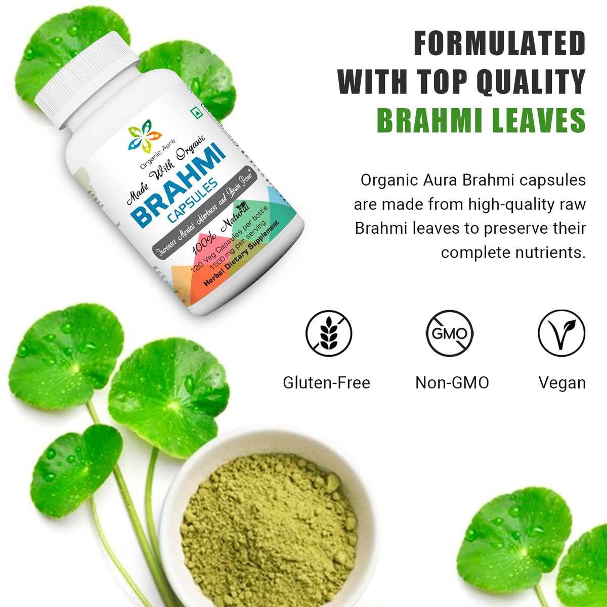 Gros plan sur la capsule de Brahmi Bio Organic Aura