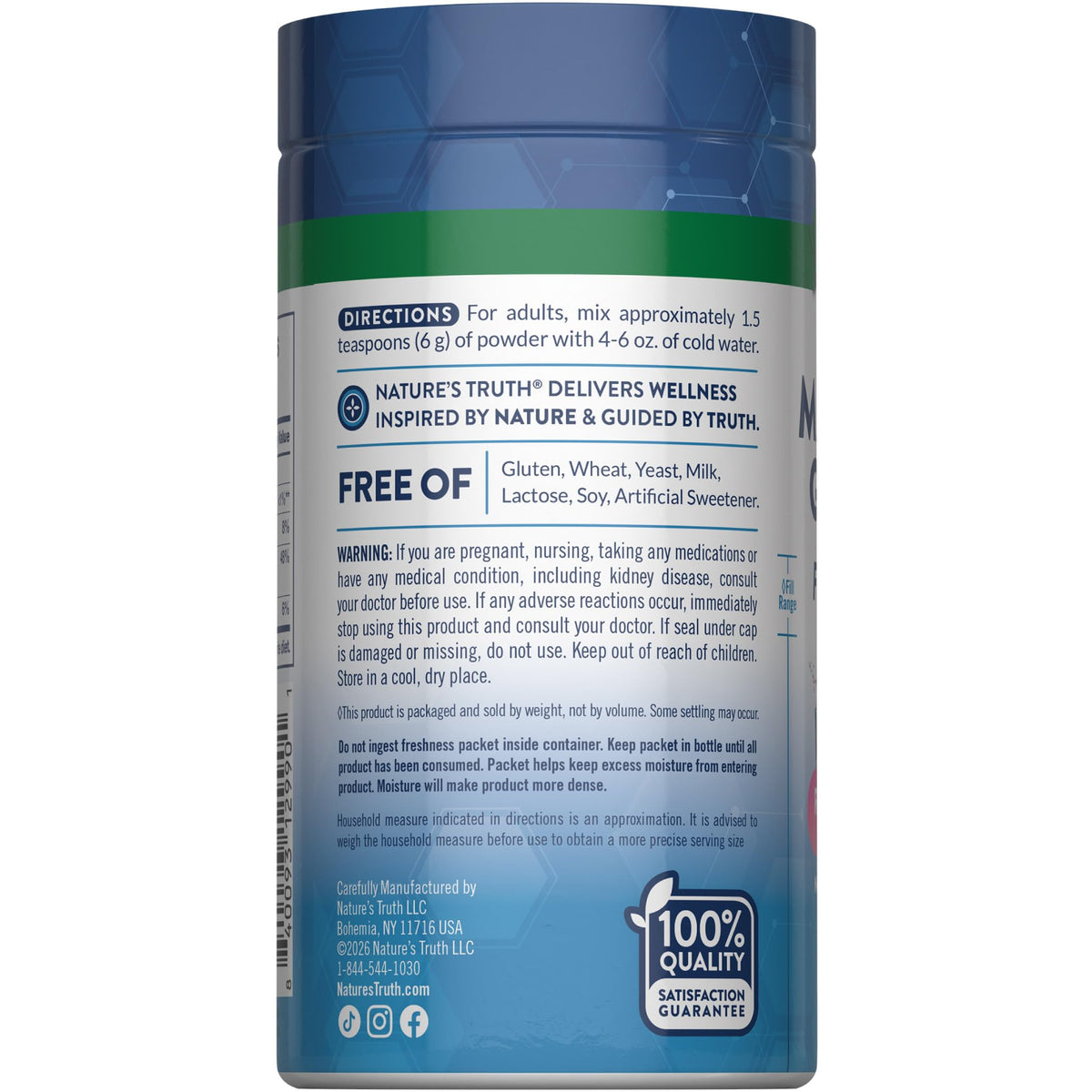Gros plan sur la poudre de magnésium Nature's Truth 200g