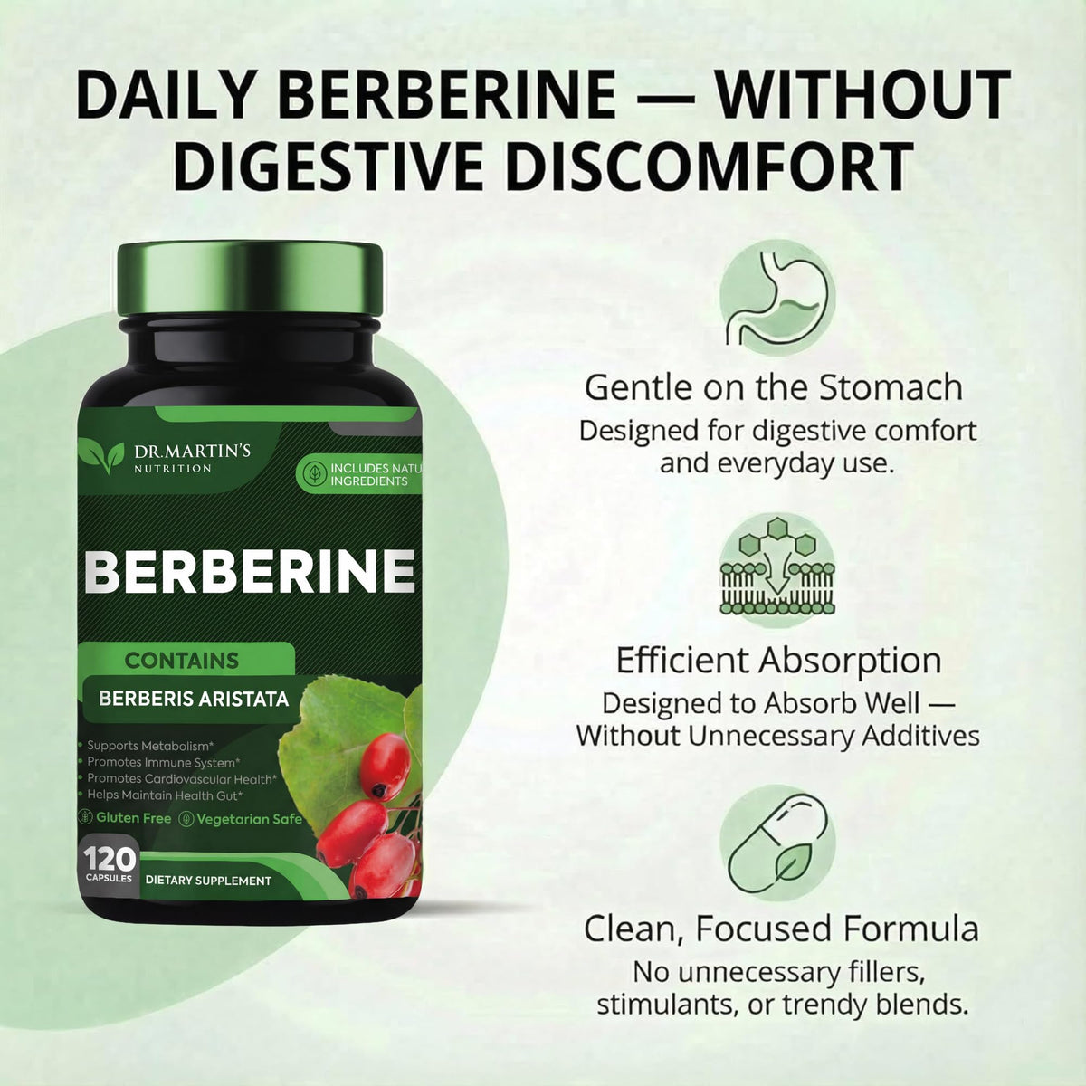 Gros plan sur les capsules de Berbérine 1200mg de DR. MARTIN'S NUTRITION