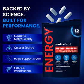 Gros plan sur les capsules de bleu de méthylène Nootose Labs