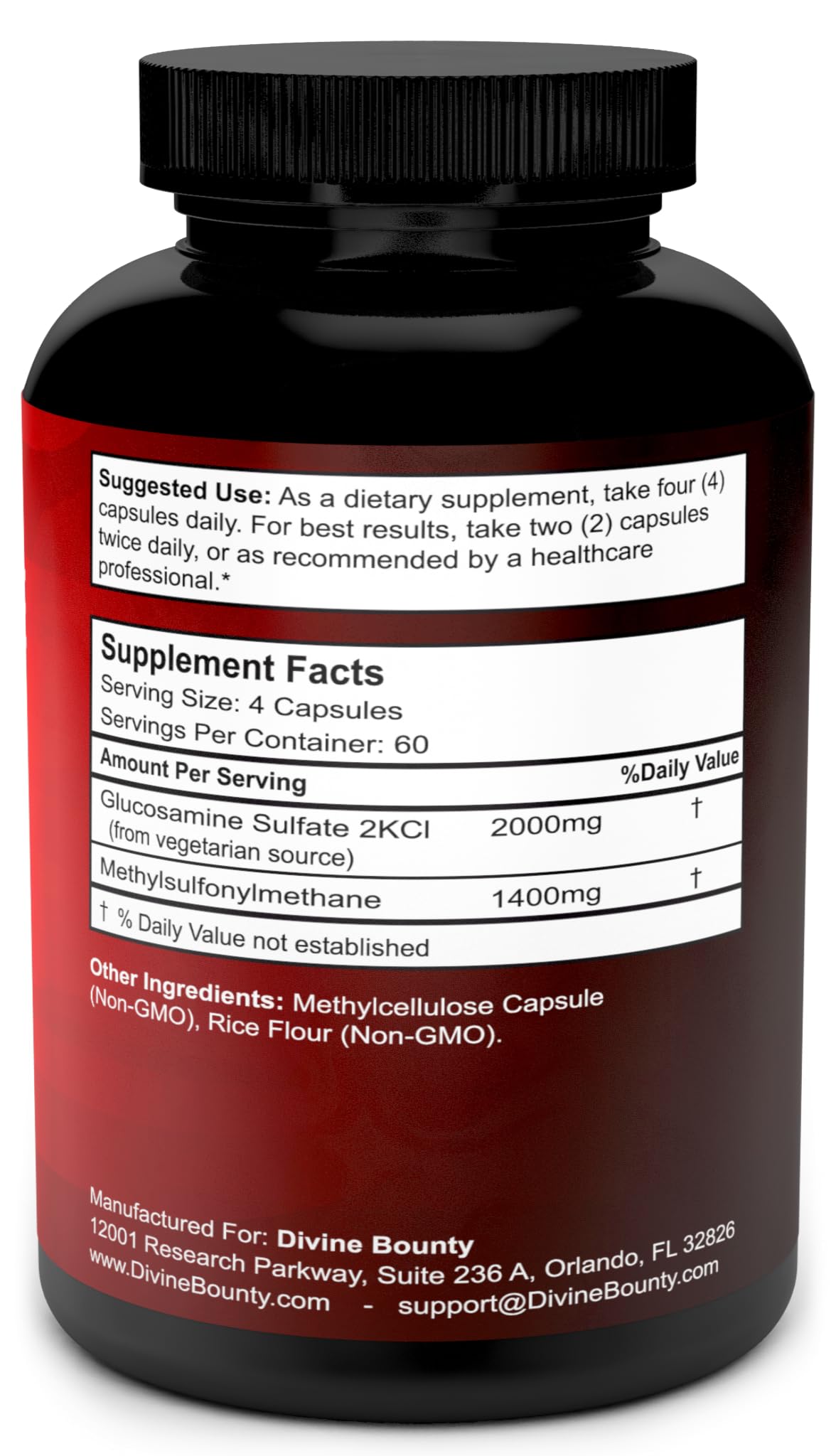 Gros plan sur les capsules de Divine Bounty Glucosamine Sulfate avec MSM