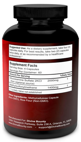 Gros plan sur les capsules de Divine Bounty Glucosamine Sulfate avec MSM