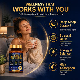 Gros plan sur les capsules de GLAMARA Magnesium Complex 12 en 1
