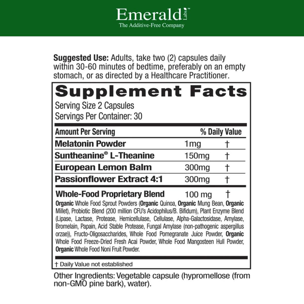 Gros plan sur les capsules du complément alimentaire Sommeil Emerald Laboratories