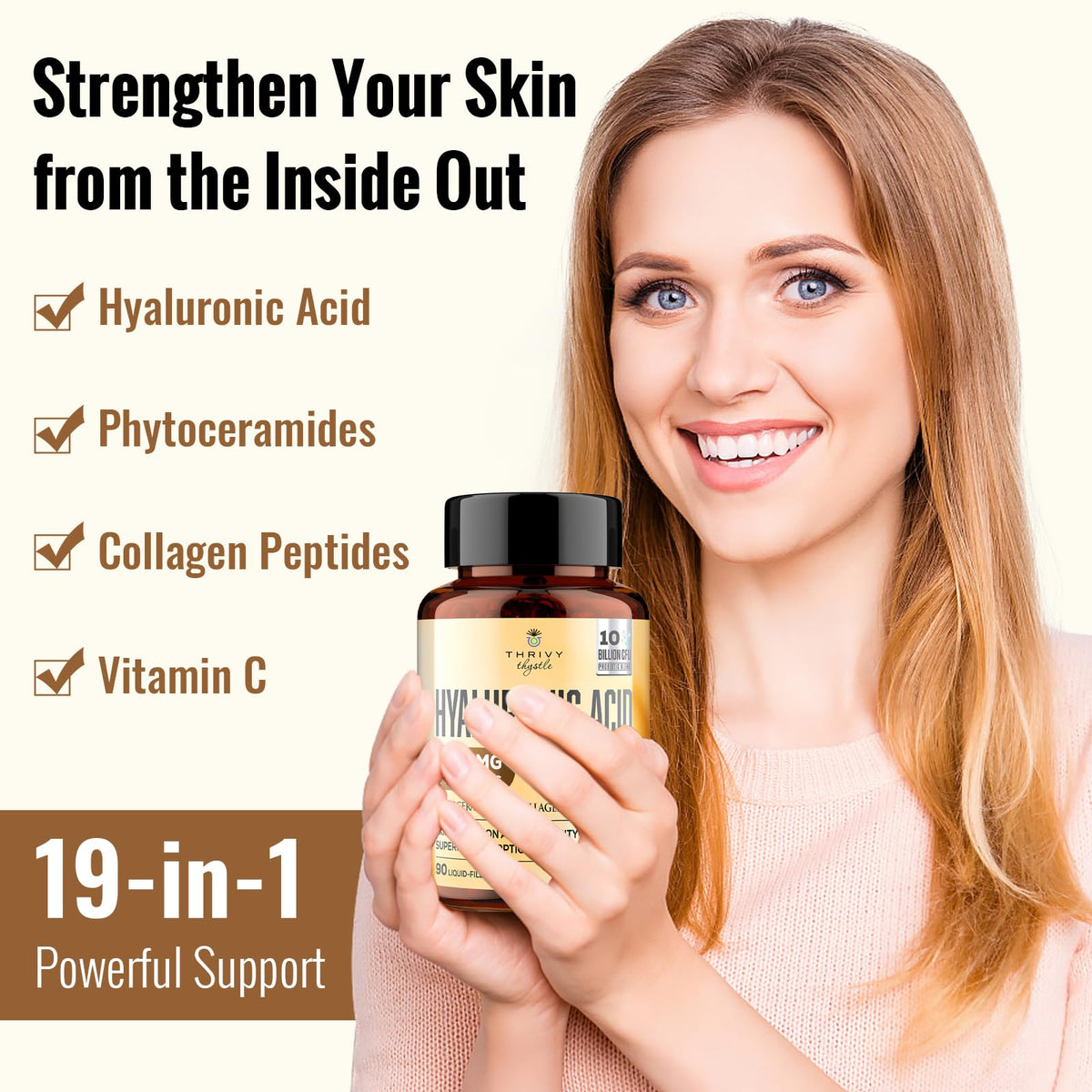 Gros plan sur les capsules liquides d'acide hyaluronique ThrivyThystle