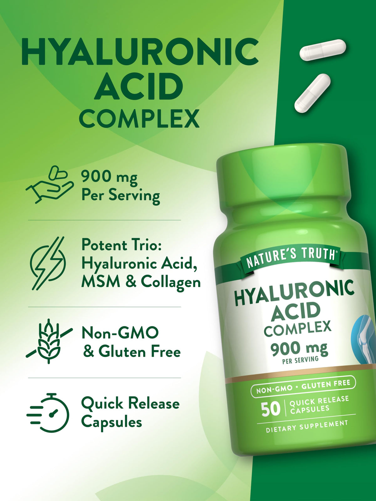 Gros plan sur les capsules Nature's Truth d'acide hyaluronique