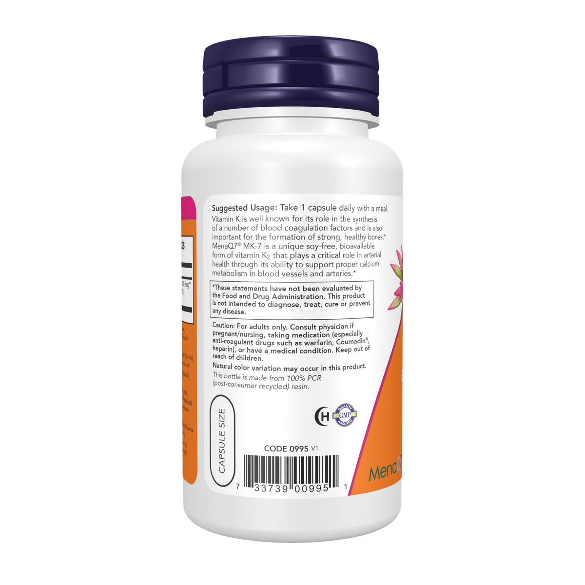 Gros plan sur les capsules végétales NOW Foods MK-7 Vitamine K-2