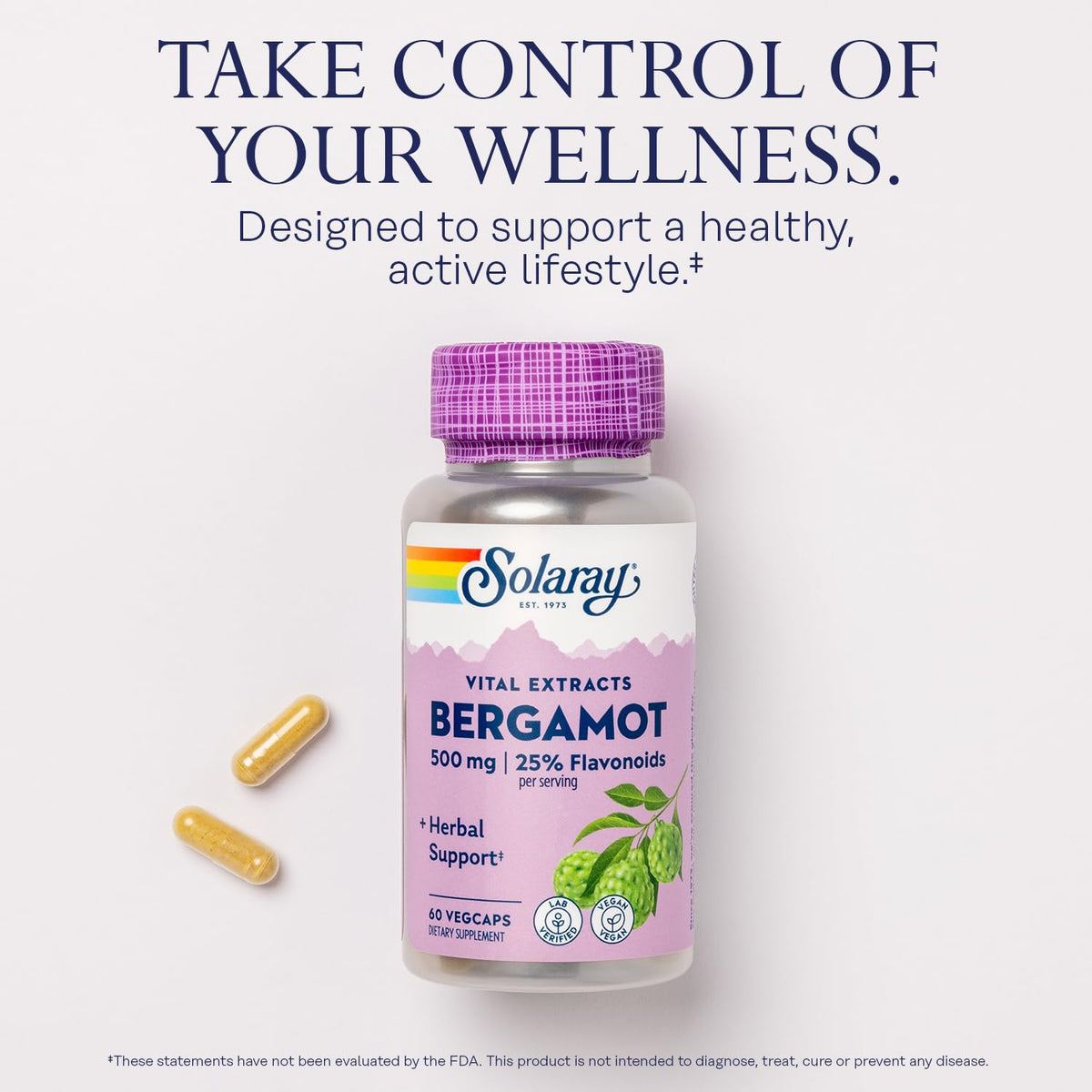 Gros plan sur les capsules végétales SOLARAY Bergamot 500 mg