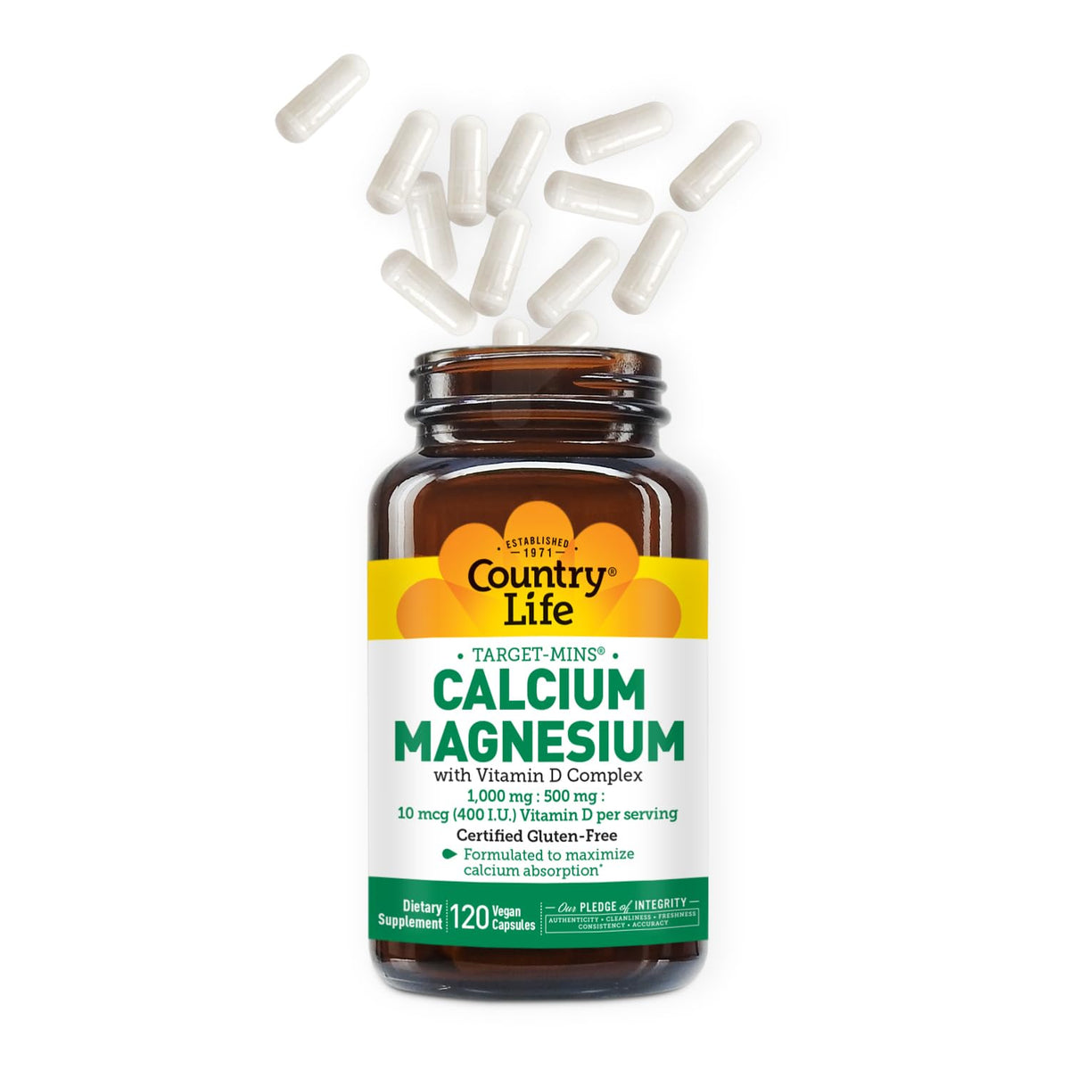 Gros plan sur les capsules végétaliennes de Calcium Magnésium Vitamine D Country Life