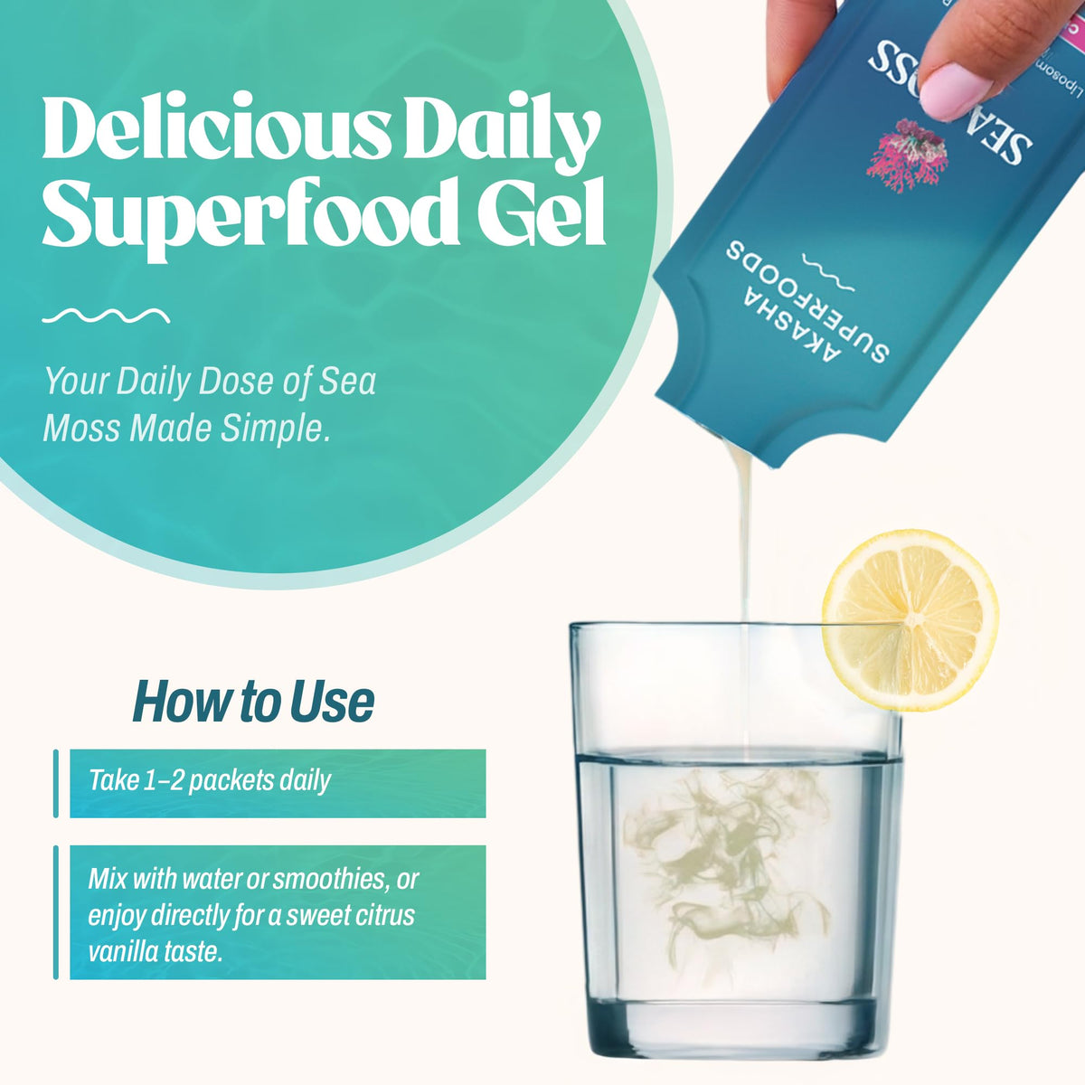 Gros plan sur un sachet de Gel de Mousse de Mer Irlandais avec un fond coloré