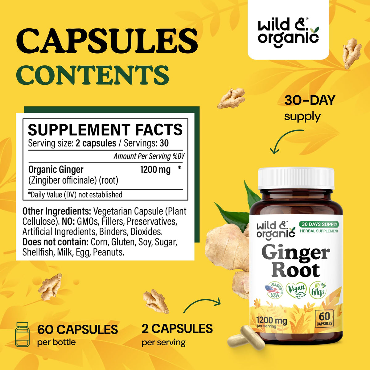 Gros plan sur une capsule de racine de gingembre Wild & Organic
